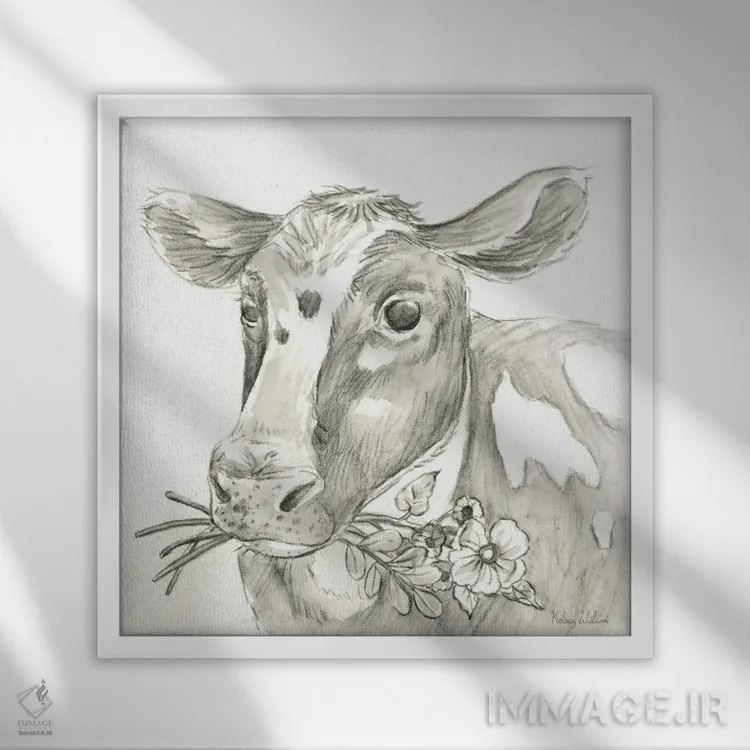 تابلو مدرن مزرعه آبرنگی II - گاو اثر کلسی ویلسون - نمای قابدار سفید