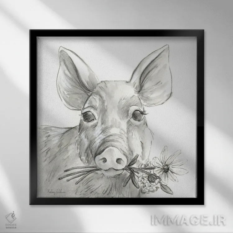 تابلو مدرن مزرعه آبرنگی I - خوک اثر کلسی ویلسون - نمای قابدار مشکی