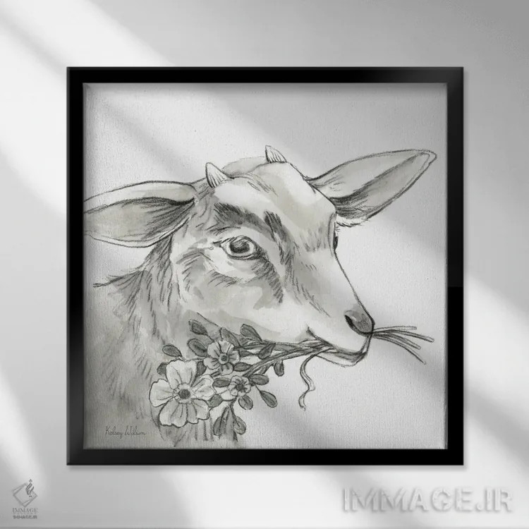 تابلو مدرن مزرعه آبرنگی IV - بز اثر کلسی ویلسون - نمای قابدار مشکی