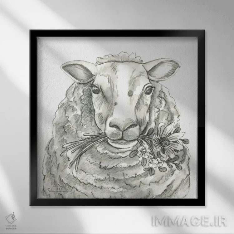 تابلو مدرن مزرعه آبرنگی IX - گوسفند اثر کلسی ویلسون - نمای قابدار مشکی