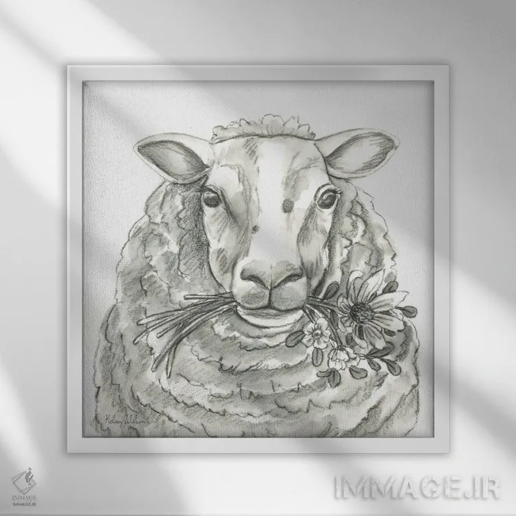 تابلو مدرن مزرعه آبرنگی IX - گوسفند اثر کلسی ویلسون - نمای قابدار سفید
