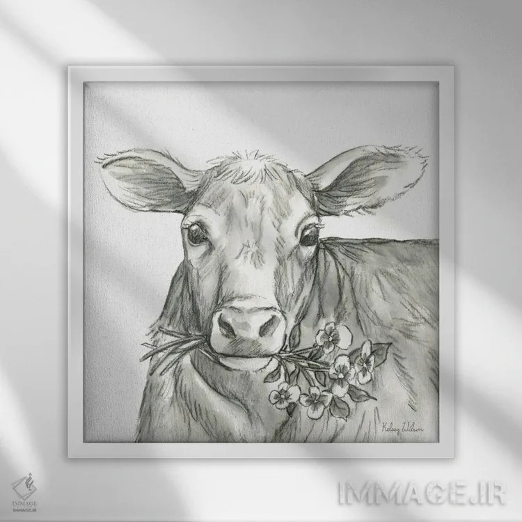 تابلو مدرن مزرعه آبرنگی VIII - گاو ۲ اثر کلسی ویلسون - نمای قابدار سفید