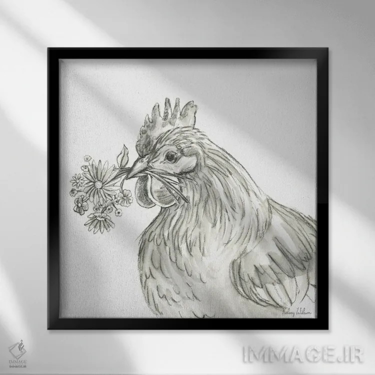 تابلو مدرن مزرعه آبرنگی X - مرغ اثر کلسی ویلسون - نمای قابدار مشکی