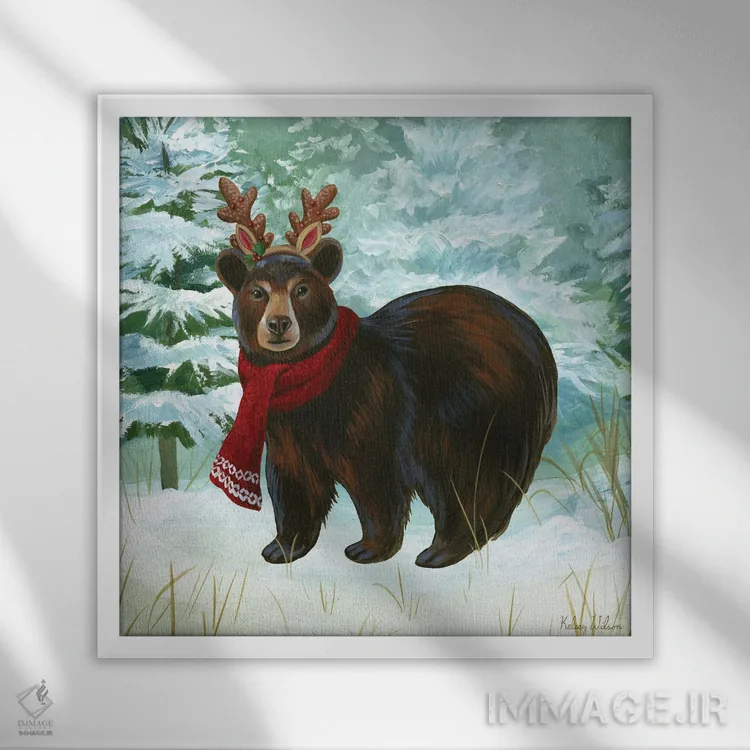 تابلو دکوراتیو منظره زمستانی یک - خرس اثر کلسی ویلسون - نمای قابدار سفید