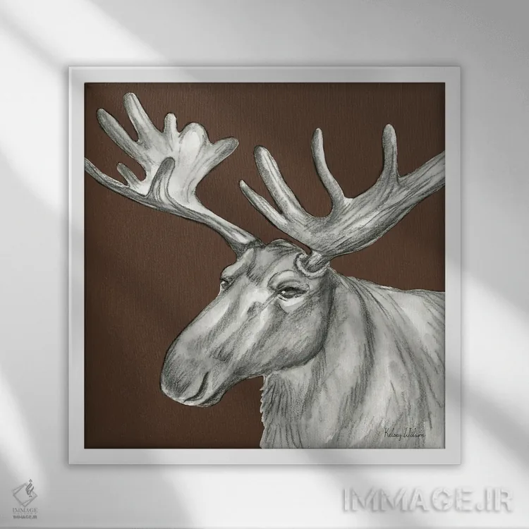 تابلو دکوراتیو رنگ جنگلی آبرنگی I - گوزن شمالی اثر کلسی ویلسون - نمای قابدار سفید