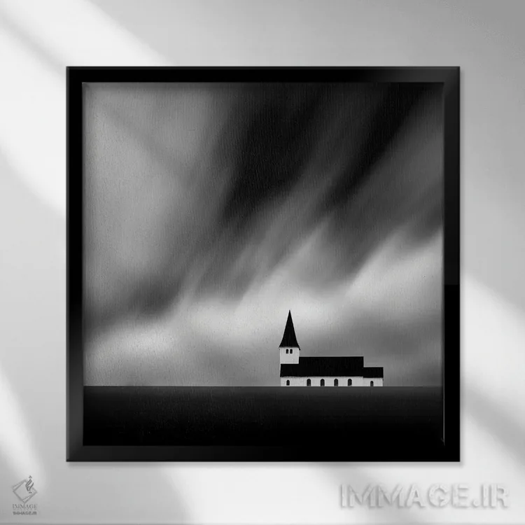 تابلو مینیمال کلیسای متروکه اثر کاترین فدرر - نمای قابدار مشکی