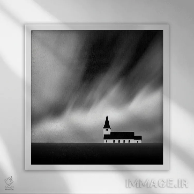 تابلو مینیمال کلیسای متروکه اثر کاترین فدرر - نمای قابدار سفید