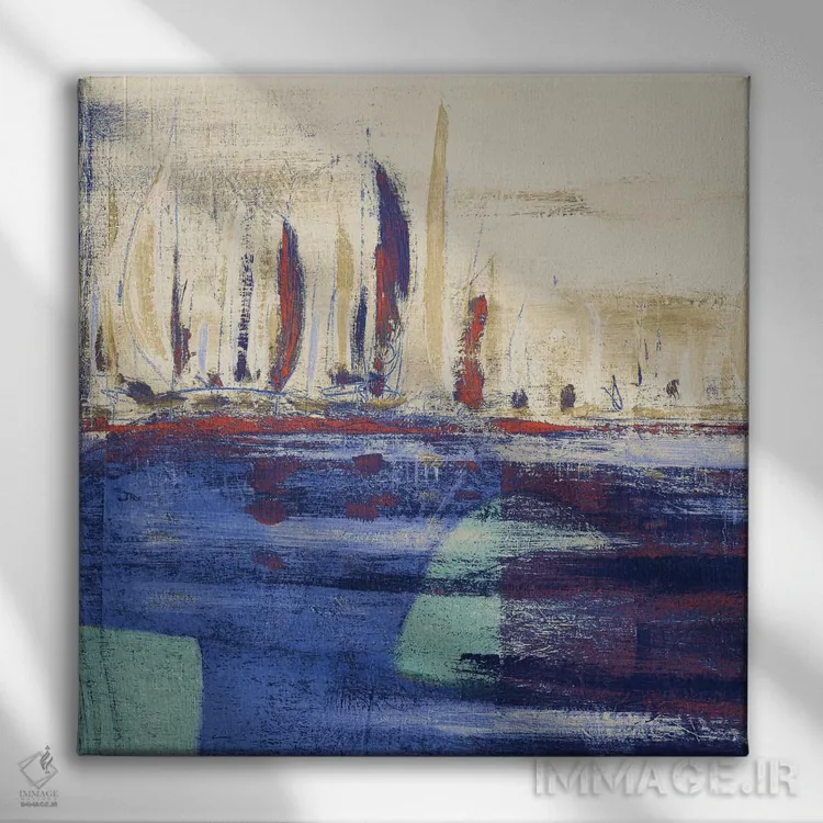 تابلو انتزاعی آب های آرام آبی مربع I اثر کینگزلی - نمای روبهرو روی دیوار