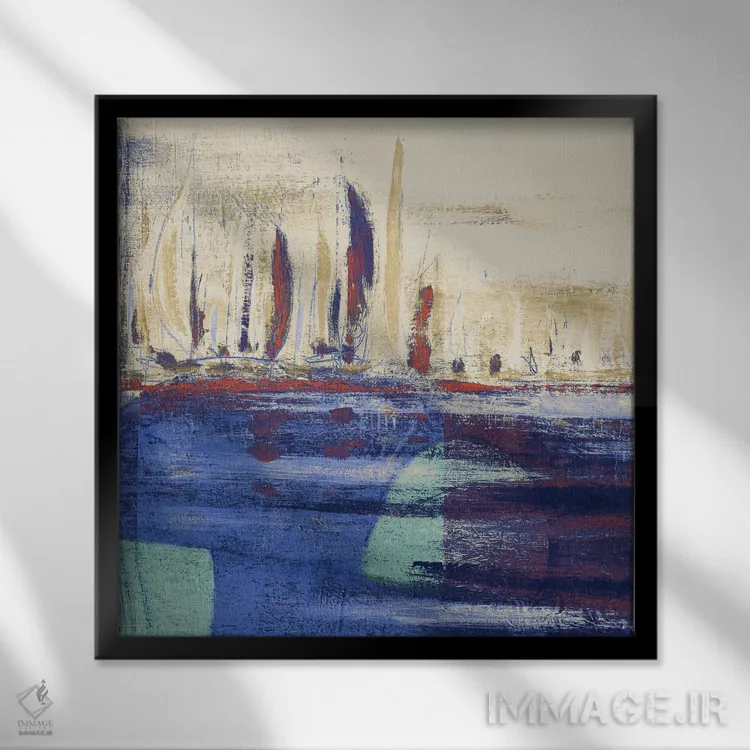 تابلو انتزاعی آب های آرام آبی مربع I اثر کینگزلی - نمای قابدار مشکی