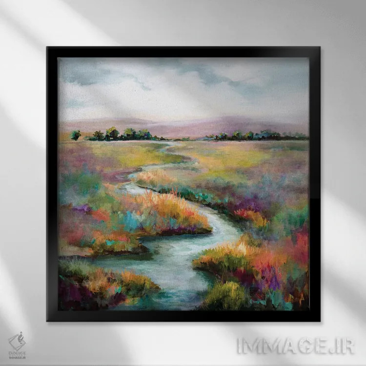 تابلو انتزاعی جویبار پرپیچ وخم اثر کارن هیل - نمای قابدار مشکی