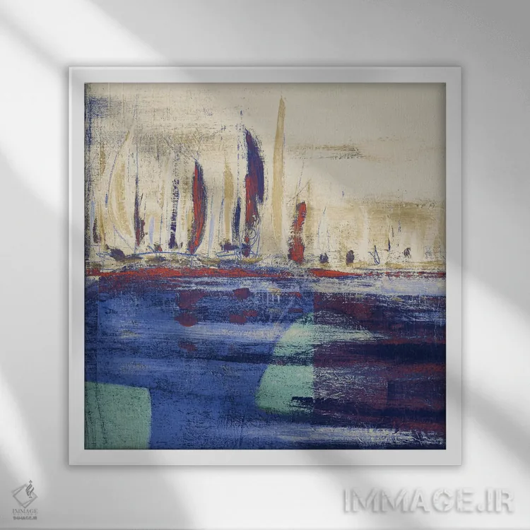 تابلو انتزاعی آب های آرام آبی مربع I اثر کینگزلی - نمای قابدار سفید