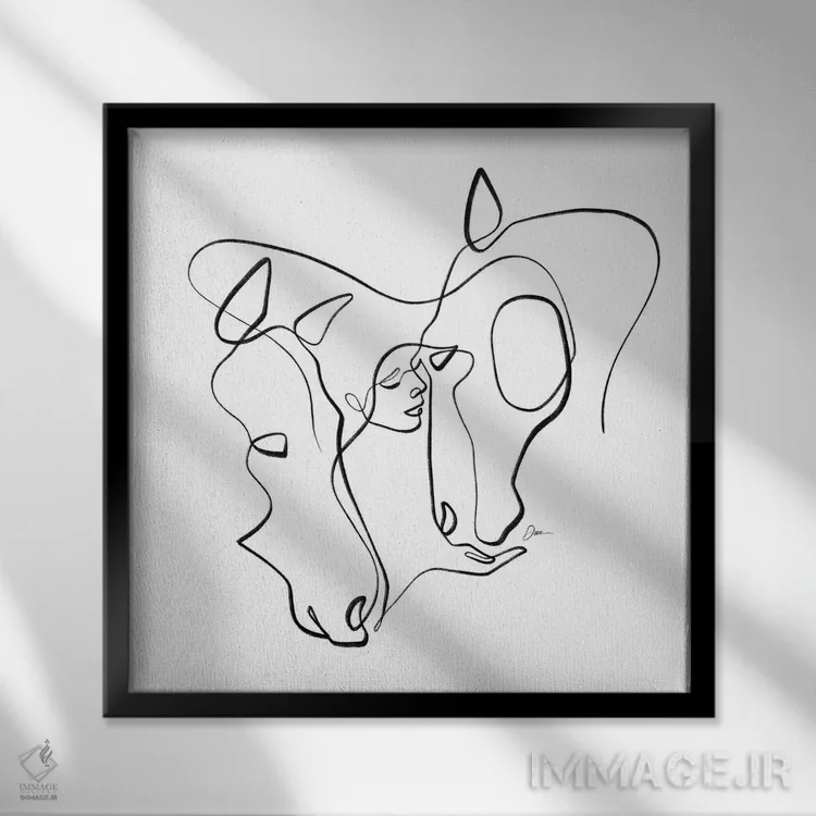 تابلو مینیمال اسب شماره ۱۳ / طراحی اسب با یک خط اثر باور کی - نمای قابدار مشکی