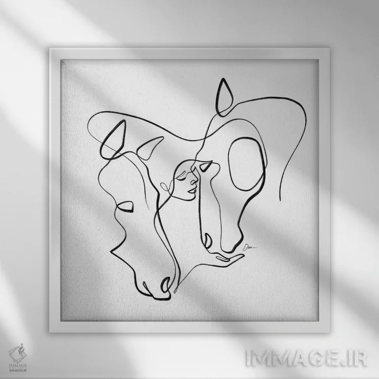 تابلو مینیمال اسب شماره ۱۳ / طراحی اسب با یک خط اثر باور کی - نمای قابدار سفید
