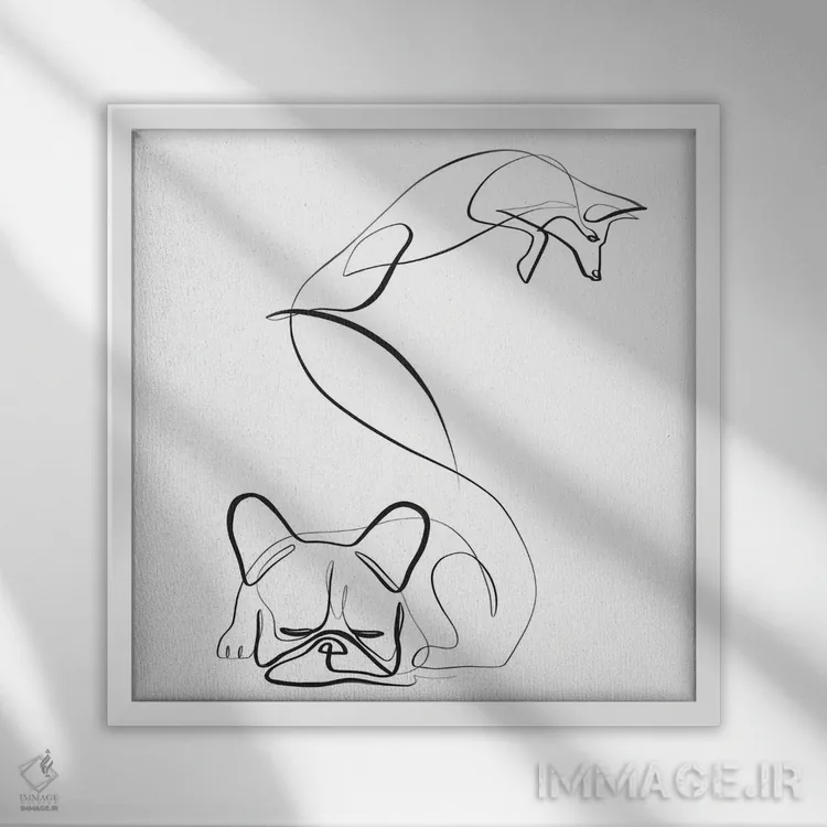 تابلو مینیمال روباه و بولداگ فرانسوی اثر باور کی - نمای قابدار سفید