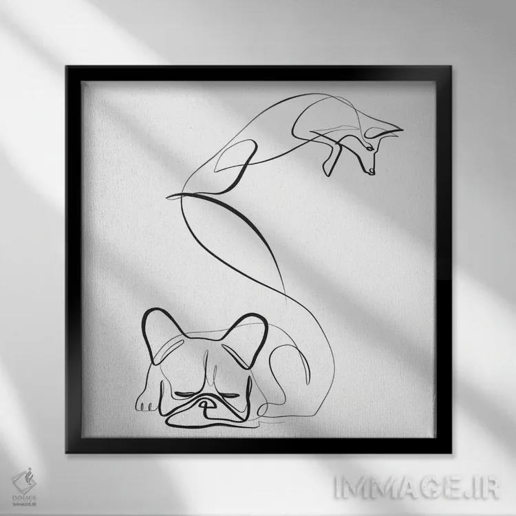 تابلو مینیمال روباه و بولداگ فرانسوی اثر باور کی - نمای قابدار مشکی