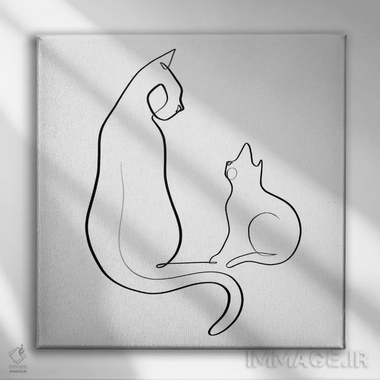 تابلو مینیمال گربه و بچه گربه اثر باور کی - نمای روبهرو روی دیوار