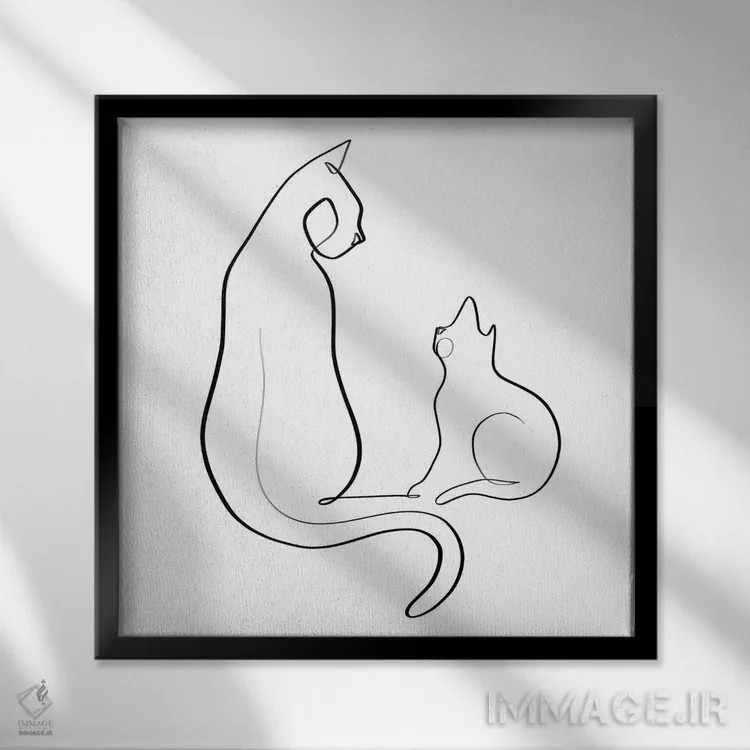 تابلو مینیمال گربه و بچه گربه اثر باور کی - نمای قابدار مشکی