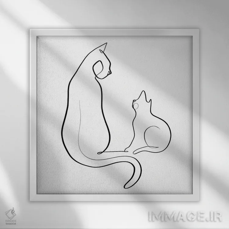 تابلو مینیمال گربه و بچه گربه اثر باور کی - نمای قابدار سفید