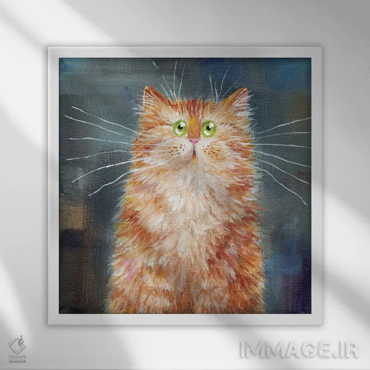 تابلو دکوراتیو گربه نارنجی روی جین اثر کیم هاسکینز - نمای قابدار سفید