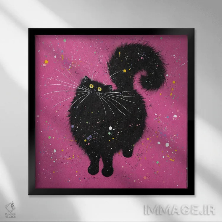 تابلو دکوراتیو گربه سیاه و صورتی فوق العاده اثر کیم هاسکینز - نمای قابدار مشکی