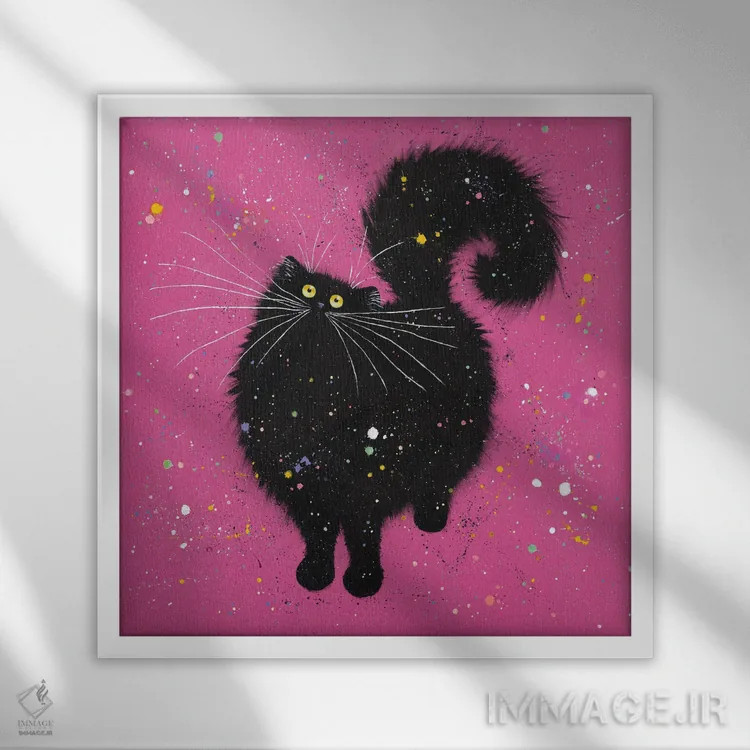 تابلو دکوراتیو گربه سیاه و صورتی فوق العاده اثر کیم هاسکینز - نمای قابدار سفید