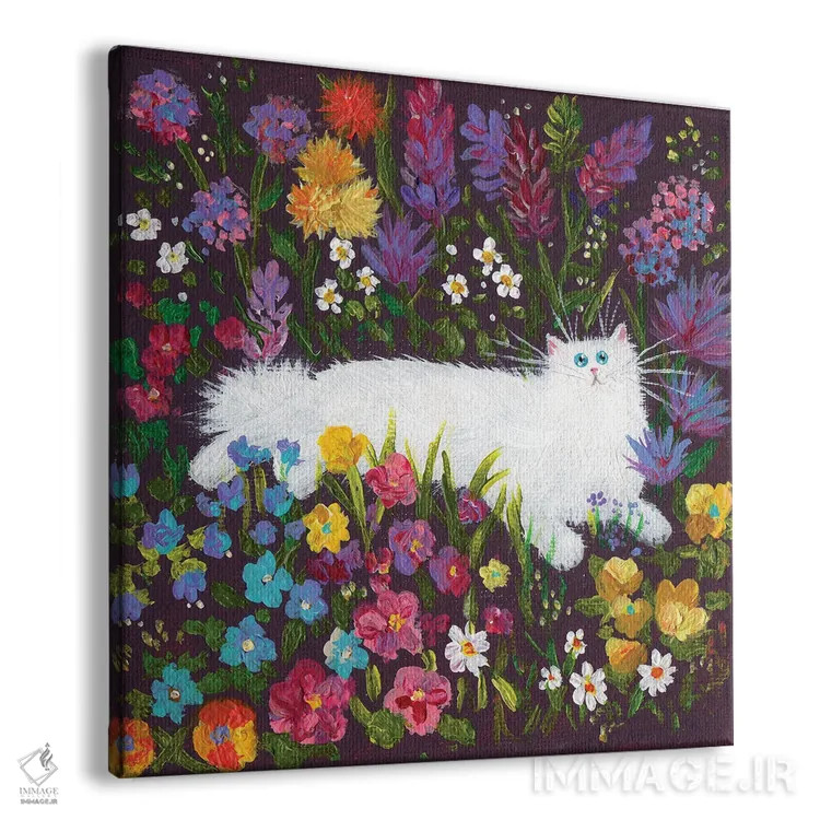 تابلو دکوراتیو گربه سفید در میان گل ها اثر کیم هاسکینز - نمای پرسپکتیو محصول