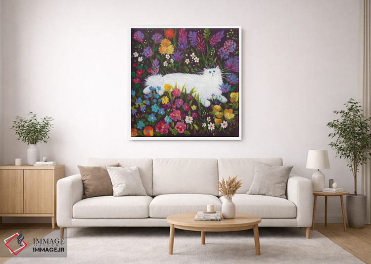 تابلو دکوراتیو گربه سفید در میان گل ها اثر کیم هاسکینز - D1W