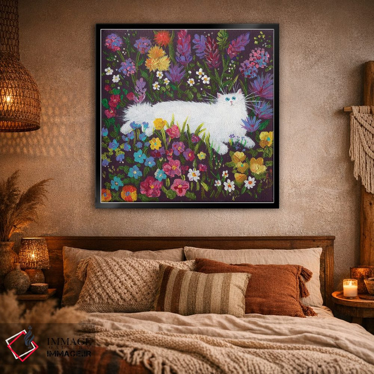تابلو دکوراتیو گربه سفید در میان گل ها اثر کیم هاسکینز - D2B
