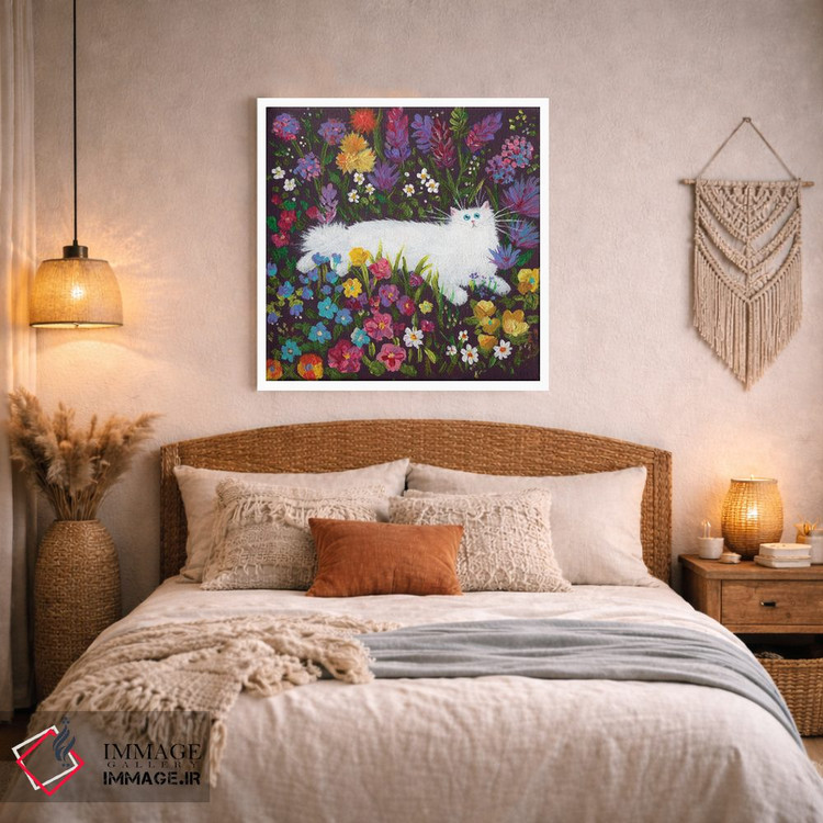 تابلو دکوراتیو گربه سفید در میان گل ها اثر کیم هاسکینز - D3W