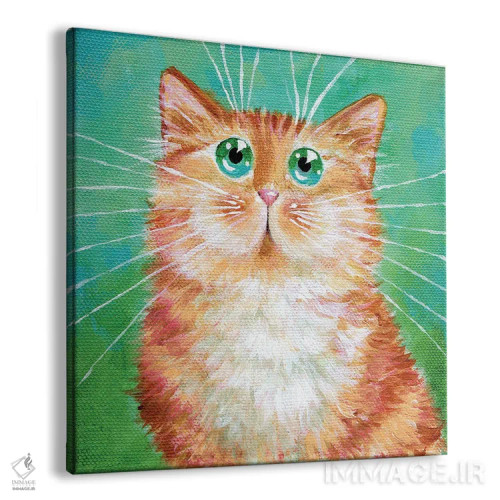 تابلو دکوراتیو گربه نارنجی راه راه روی سبز خیلی روشن اثر کیم هاسکینز - نمای پرسپکتیو محصول