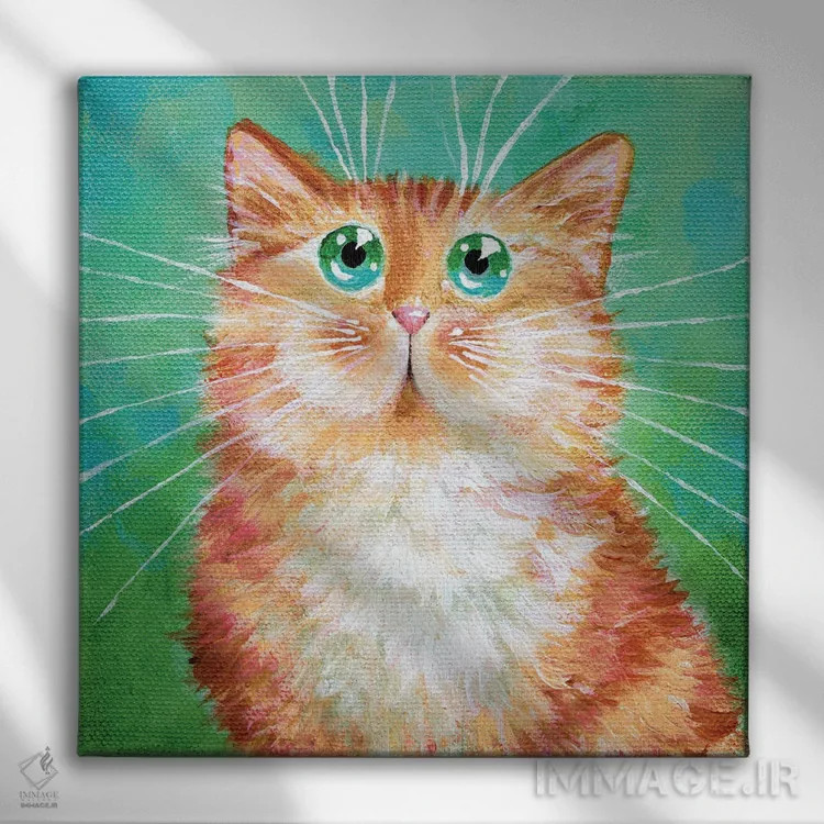 تابلو دکوراتیو گربه نارنجی راه راه روی سبز خیلی روشن اثر کیم هاسکینز - نمای روبهرو روی دیوار