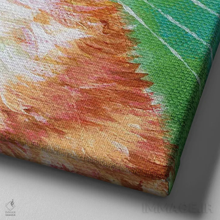 تابلو دکوراتیو گربه نارنجی راه راه روی سبز خیلی روشن اثر کیم هاسکینز - نمای نزدیک بافت بوم