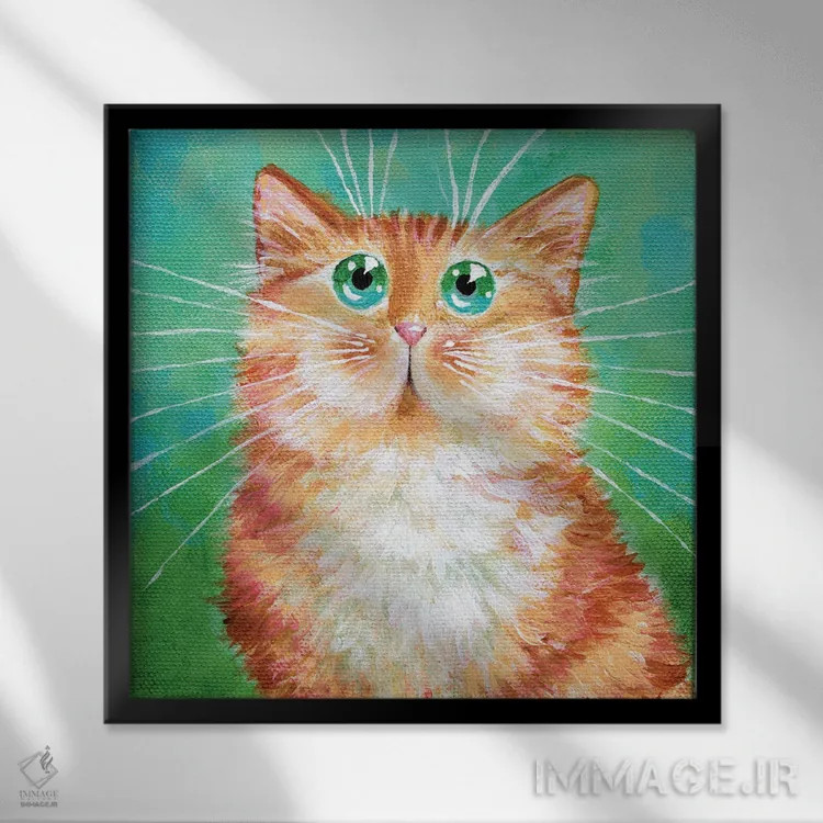 تابلو دکوراتیو گربه نارنجی راه راه روی سبز خیلی روشن اثر کیم هاسکینز - نمای قابدار مشکی