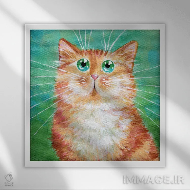 تابلو دکوراتیو گربه نارنجی راه راه روی سبز خیلی روشن اثر کیم هاسکینز - نمای قابدار سفید