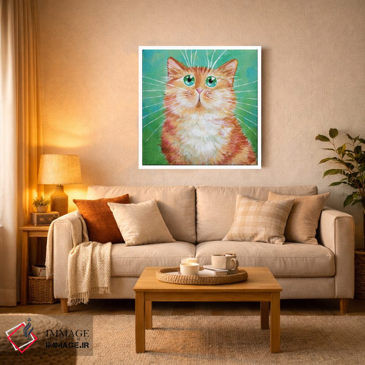 تابلو دکوراتیو گربه نارنجی راه راه روی سبز خیلی روشن اثر کیم هاسکینز - D2W