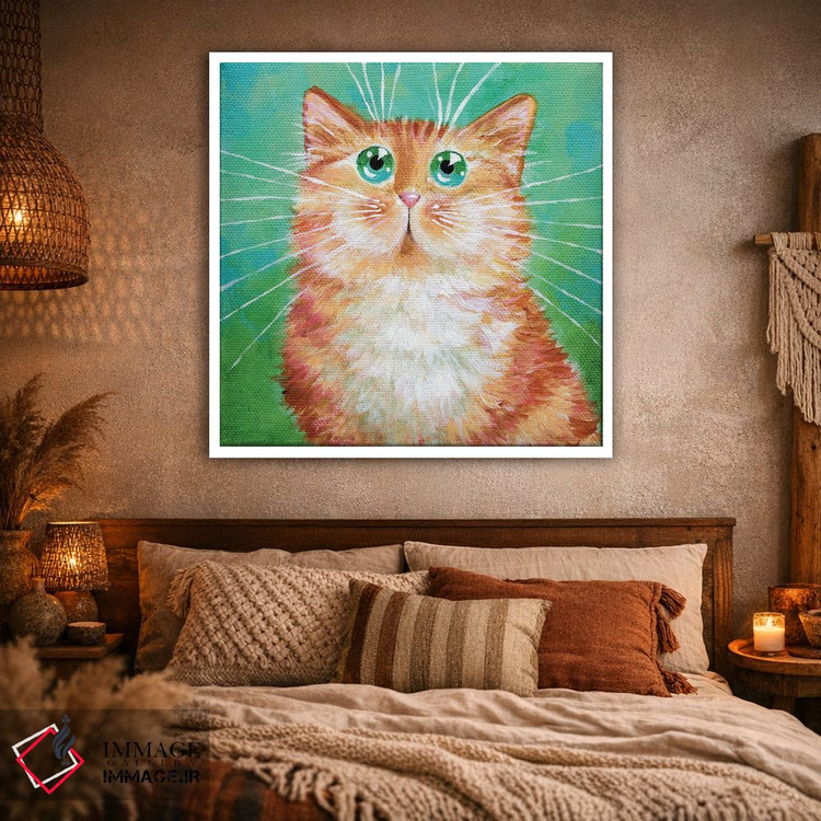 تابلو دکوراتیو گربه نارنجی راه راه روی سبز خیلی روشن اثر کیم هاسکینز - D1W