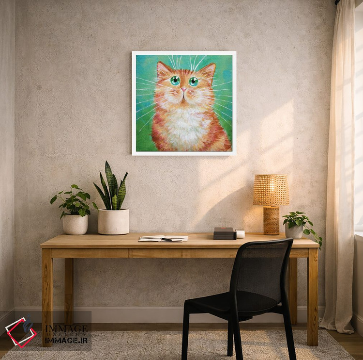 تابلو دکوراتیو گربه نارنجی راه راه روی سبز خیلی روشن اثر کیم هاسکینز - D4W