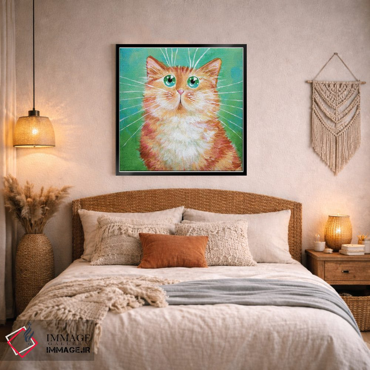 تابلو دکوراتیو گربه نارنجی راه راه روی سبز خیلی روشن اثر کیم هاسکینز - D3B