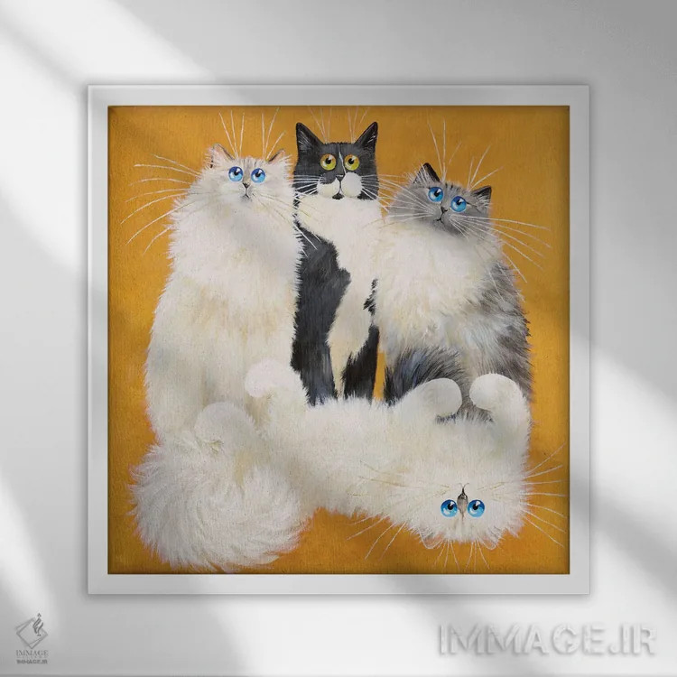 تابلو دکوراتیو میتن و گربه های عروسکی اثر کیم هاسکینز - نمای قابدار سفید