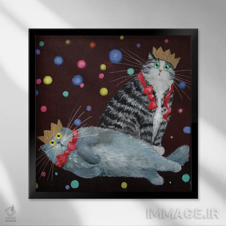 تابلو دکوراتیو گربه های مهمانی اثر کیم هاسکینز - نمای قابدار مشکی