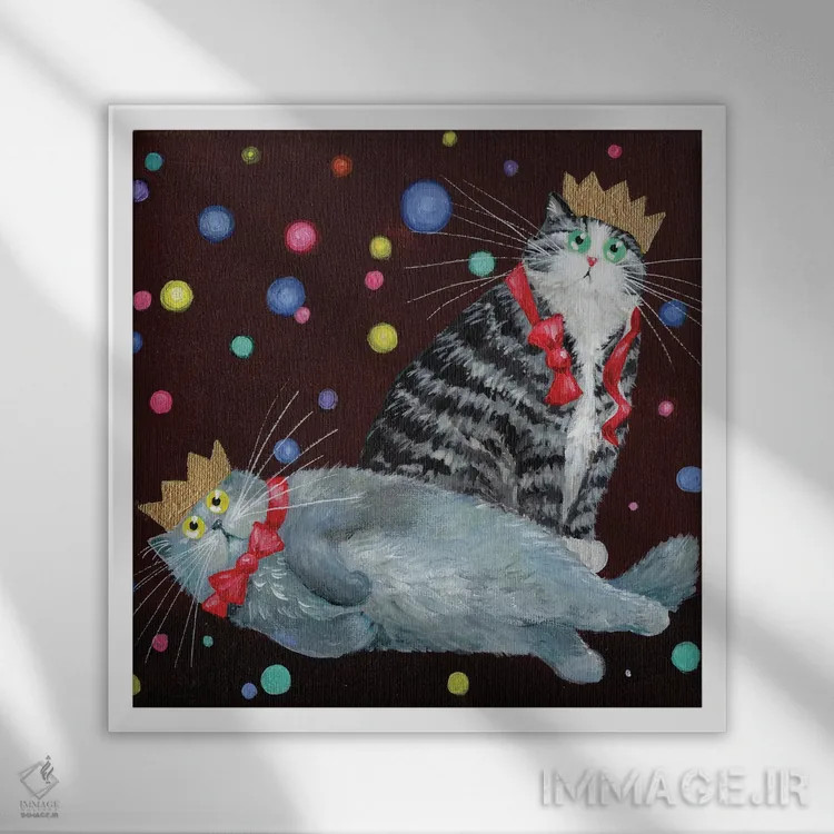 تابلو دکوراتیو گربه های مهمانی اثر کیم هاسکینز - نمای قابدار سفید