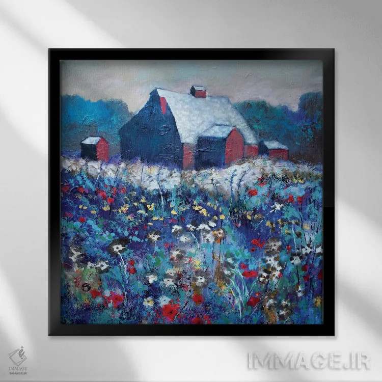 تابلو دکوراتیو گل ها کنار انبار قرمز اثر کیپ دکر - نمای قابدار مشکی