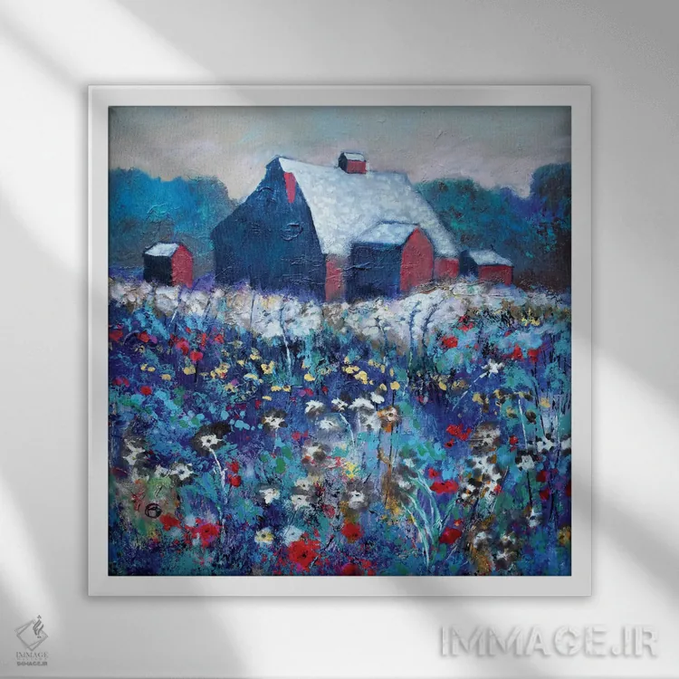 تابلو دکوراتیو گل ها کنار انبار قرمز اثر کیپ دکر - نمای قابدار سفید