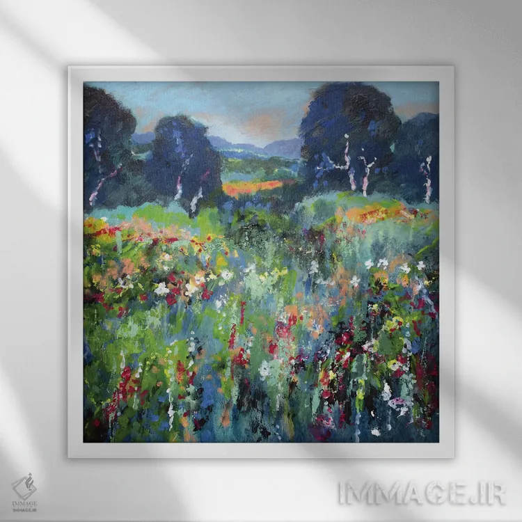 تابلو دکوراتیو گل های مزرعه سبز اثر کیپ دکر - نمای قابدار سفید