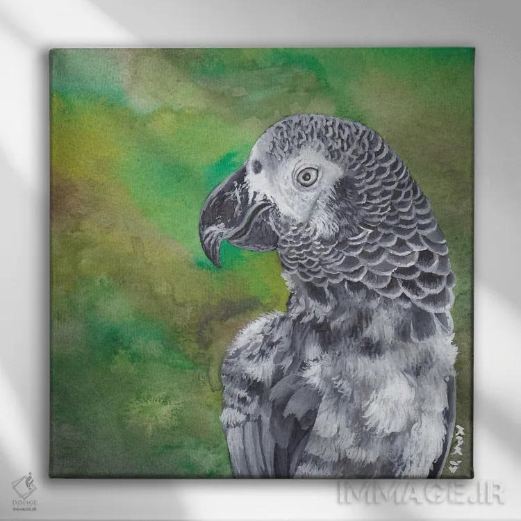 تابلو دکوراتیو طوطی خاکستری آفریقایی اثر هنر و طراحی KAK - نمای روبهرو روی دیوار