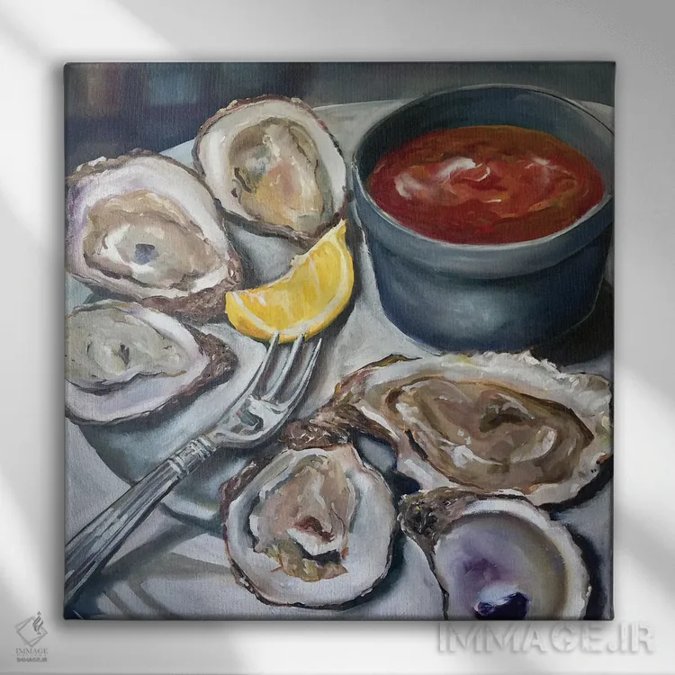 تابلو دکوراتیو پیش غذای صدف اثر کریستین کاینر - نمای روبهرو روی دیوار
