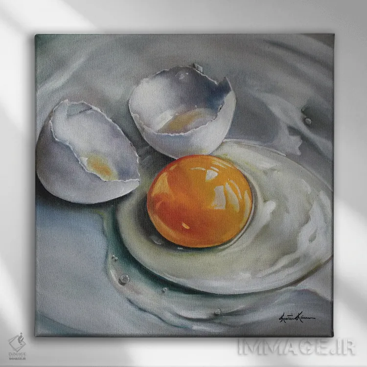 تابلو دکوراتیو تخم مرغ سفید شکسته اثر کریستین کاینر - نمای روبهرو روی دیوار