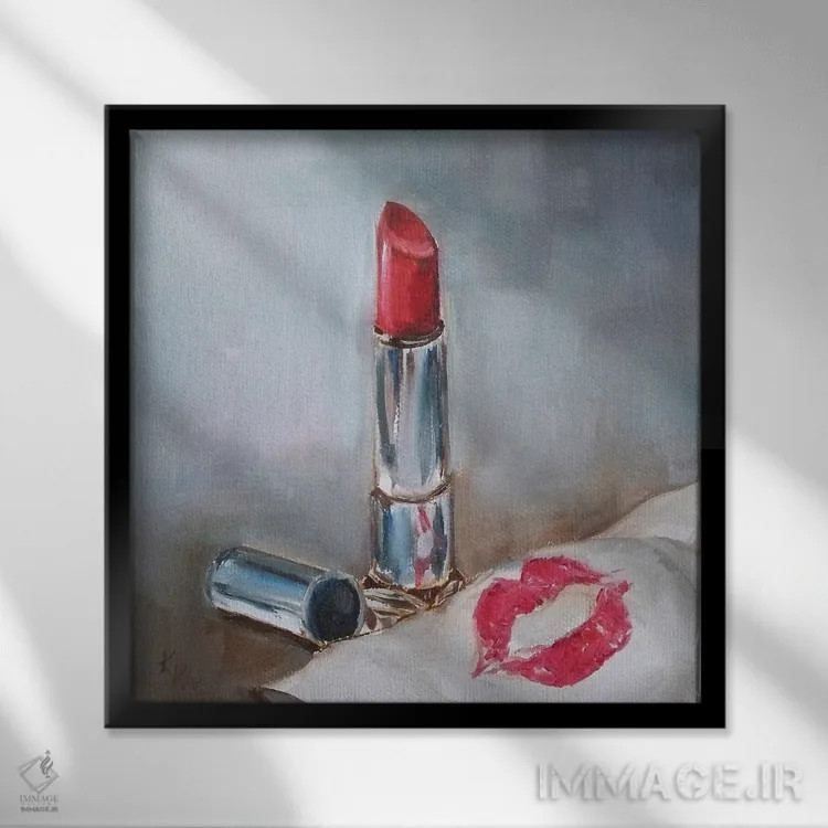 تابلو دکوراتیو بوسه با رژ لب اثر کریستین کاینر - نمای قابدار مشکی