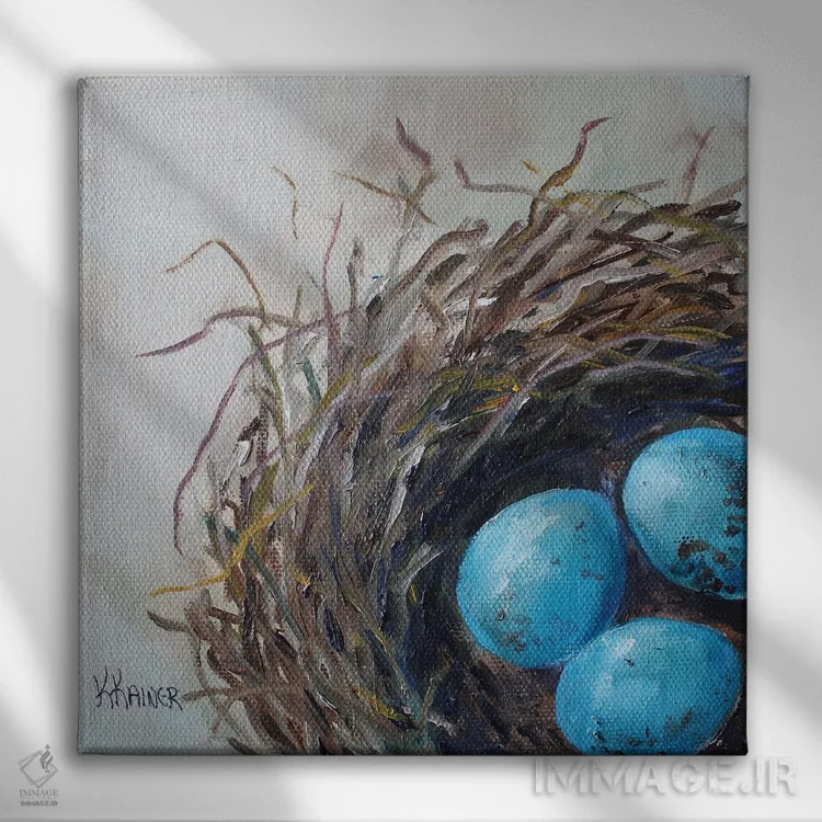 تابلو دکوراتیو تخم مرغ های لانه کرده اثر کریستین کاینر - نمای روبهرو روی دیوار