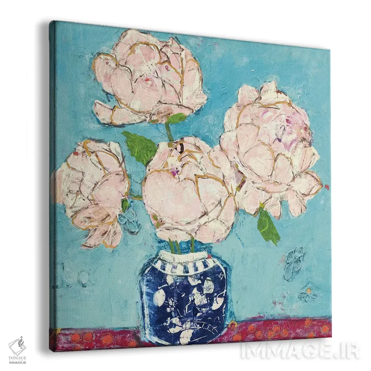 تابلو دکوراتیو گلدان گل صدتومانی با رنگ آبی و مرجانی اثر کلی دی - نمای پرسپکتیو محصول